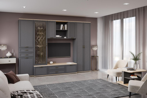 Гостиная Карина-21 с фасадом Серый Оникс После того, как вы сделаете заказ, мебель придет на московский склад в течении 10-12 рабочих дней