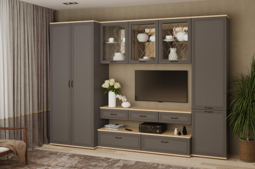 Гостиная Карина-23 с фасадом Серый Оникс После того, как вы сделаете заказ, мебель придет на московский склад в течении 10-12 рабочих дней